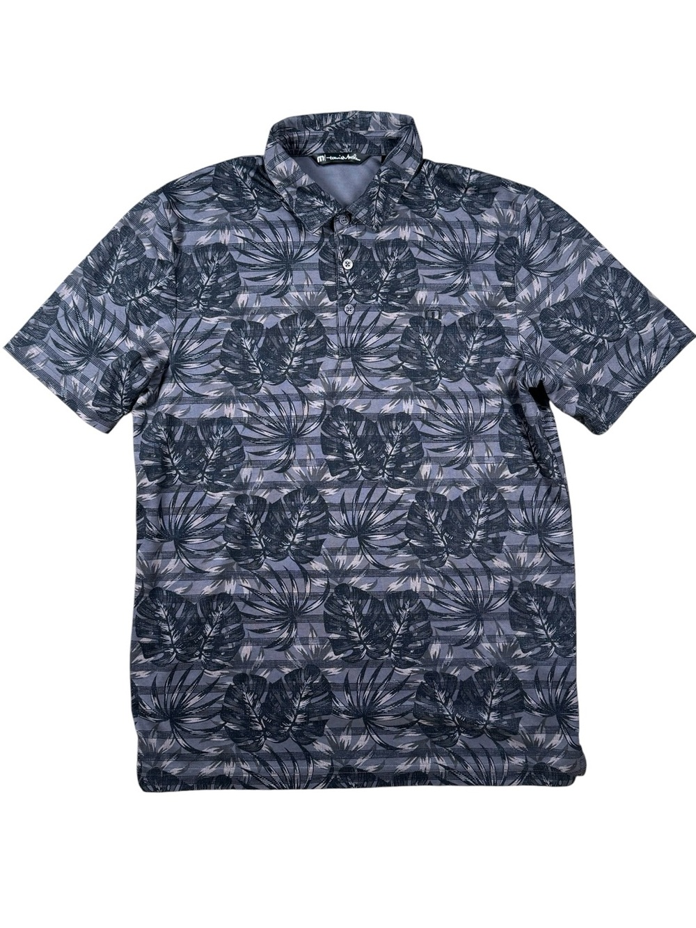 TravisMathew Men’s Medium Gray Tropical Leaf Golf Polo Shirt Short Sleeve EUC - Picture 2 of 5